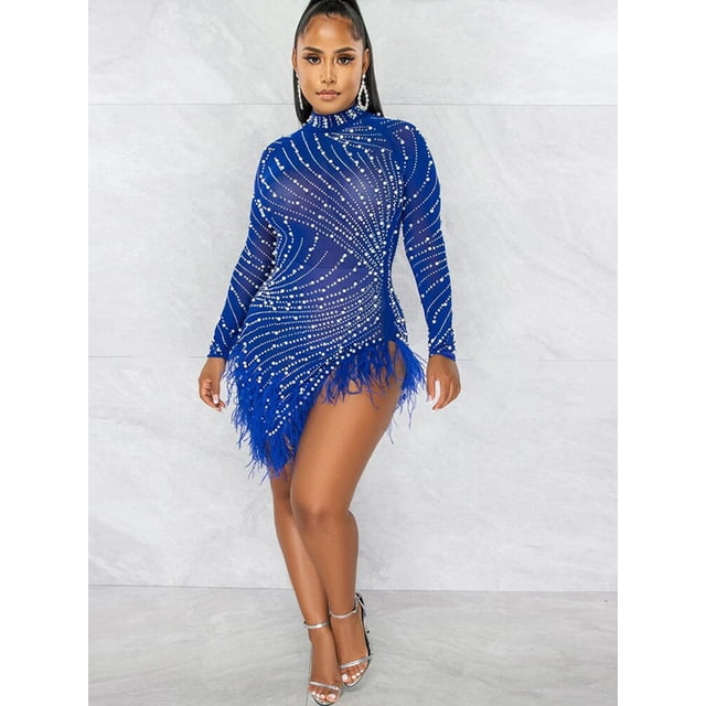 Kricesseen Luxury Rhinestones & Pearls Feather Mini Dress New Spring Women Sheer Mesh Sequins Short Party Dress Birthday OutfitsS Gao Jinjia LED