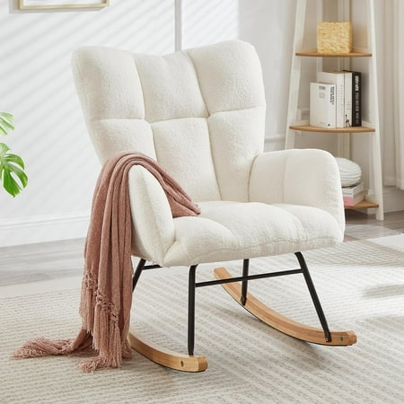 Glider Chair, Tufted Rocking Chair with Sturdy Metal Frame, Upholstered Teddy Fabric Accent Chair for Living Room or Bedroom, Ergonomic High Back and Armrest Design, Ivory White