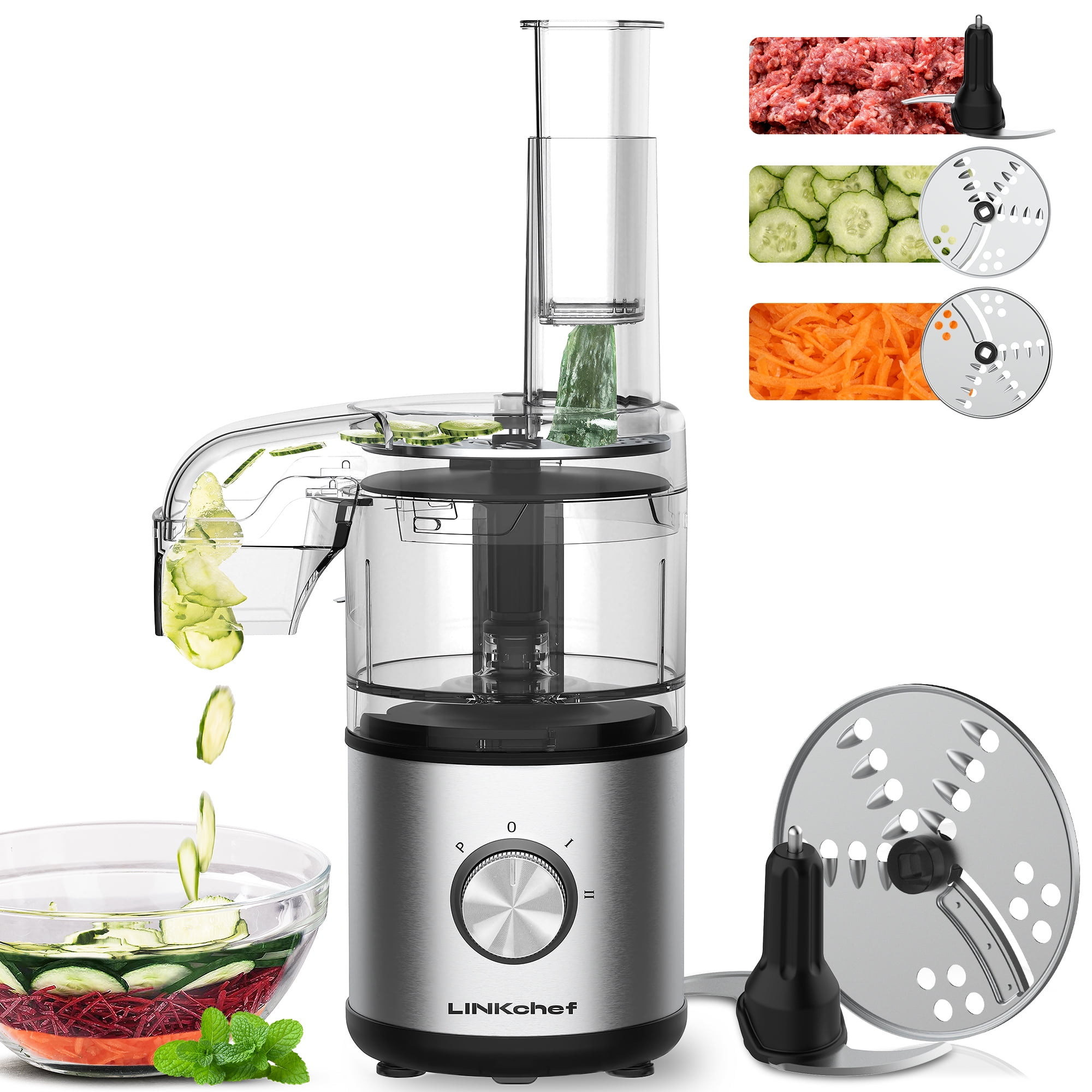 LINKChef 2 in 1 Food Processor, 2-Cup Continuous Feed Food Processor with Reversible Shredding and Slicing Disc