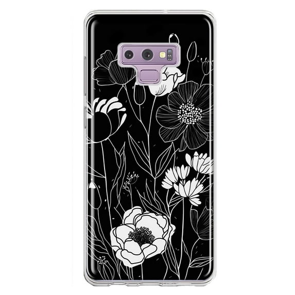 MUNDAZE Samsung Galaxy Note 9 Line Drawing Art White Floral Flowers Shockproof Clear Hybrid Protective Phone Case Cover