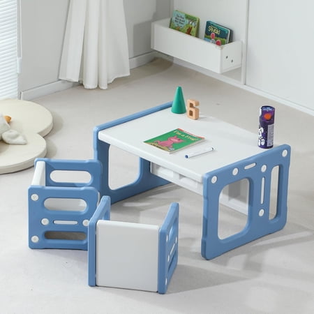 3 in 1 Montessori Weaning Table and 2 Chairs Set, Kids Table and Chair Set, 2 Height Levels, Toddlers Activity Table for Drawing, Dining, Reading and Playing, Blue