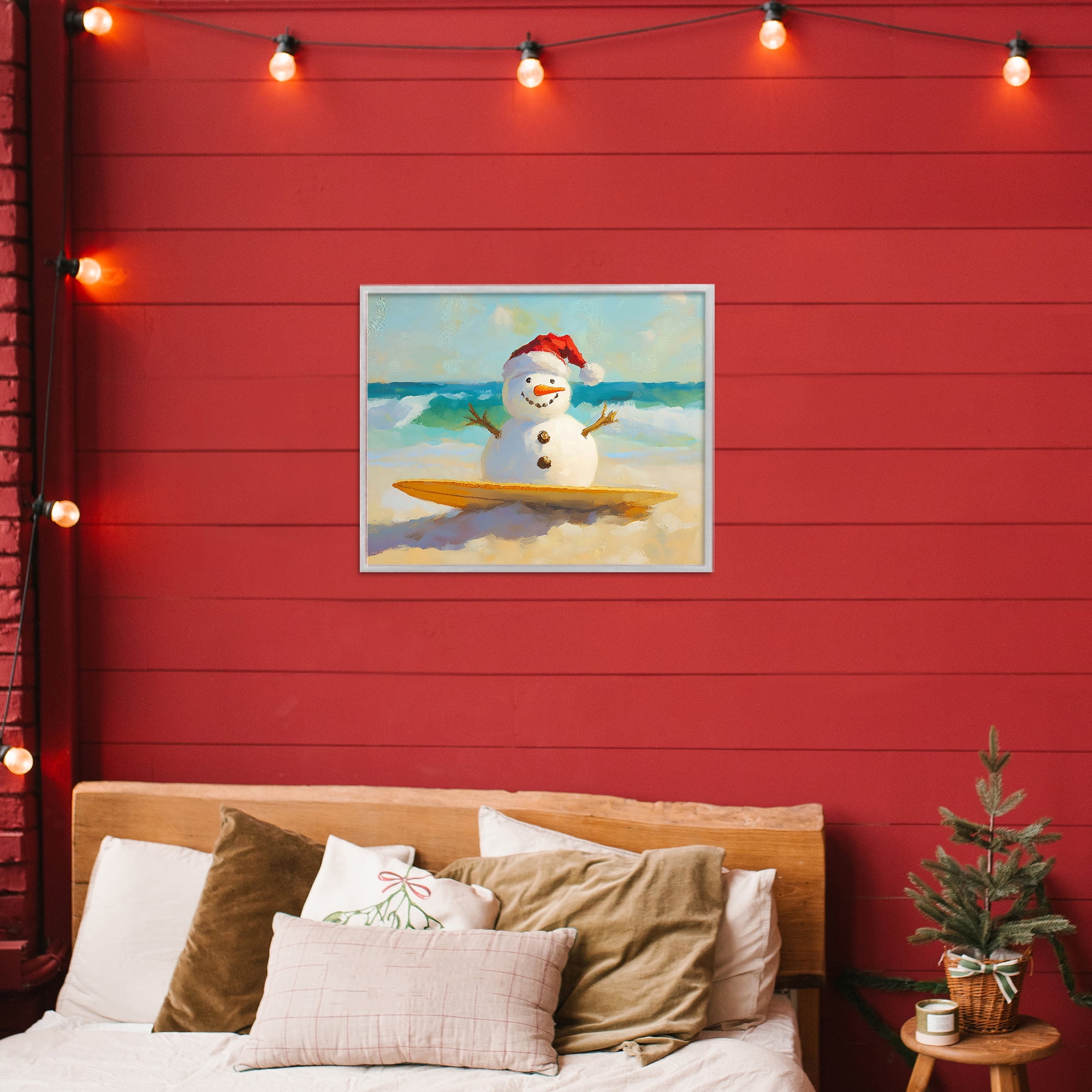 Stupell Industries Surfer Snowman on Beach Gray Framed Giclee Art, design by The Prints Vibe