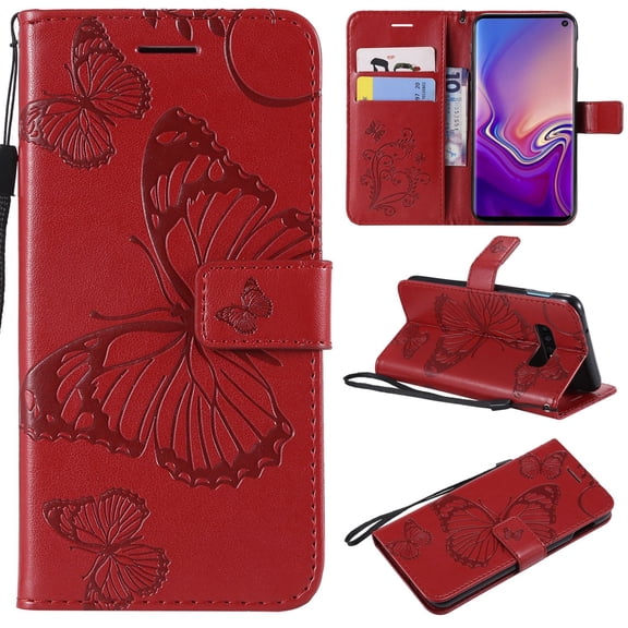 S10e Case, Samsung Galaxy S10e Case - Allytech Premium Wallet PU Leather with Fashion Embossed Floral Butterfly Magnetic Clasp Card Holders Flip Cover with Hand Strap, Red