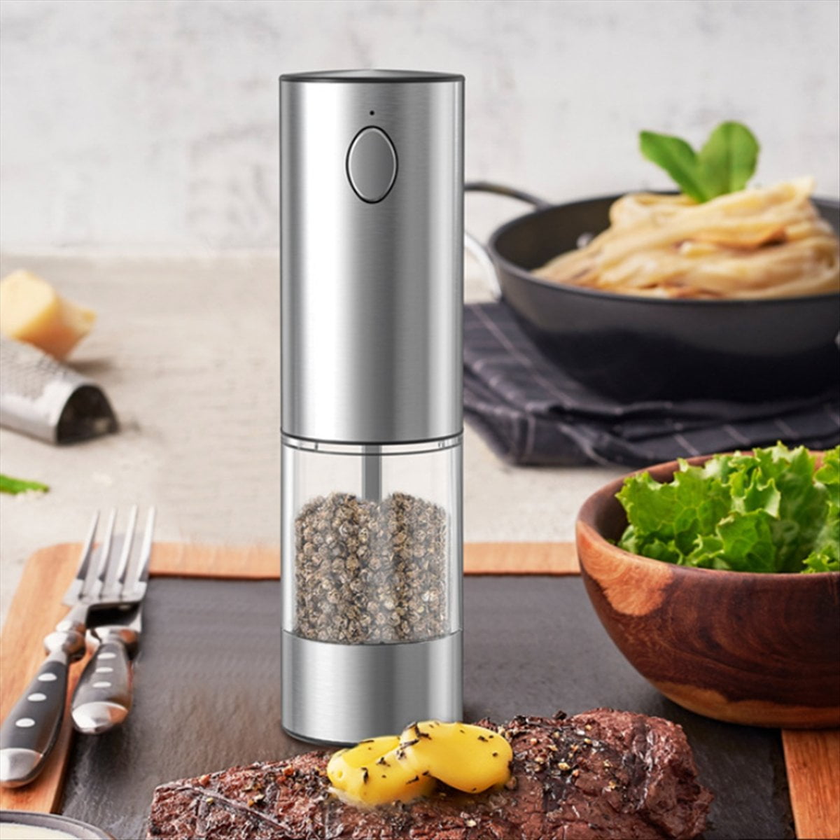 Electric Salt and Pepper Grinder Rechargeable Automatic Pepper Mill with Adjustable Coarsenes with LED Light-B