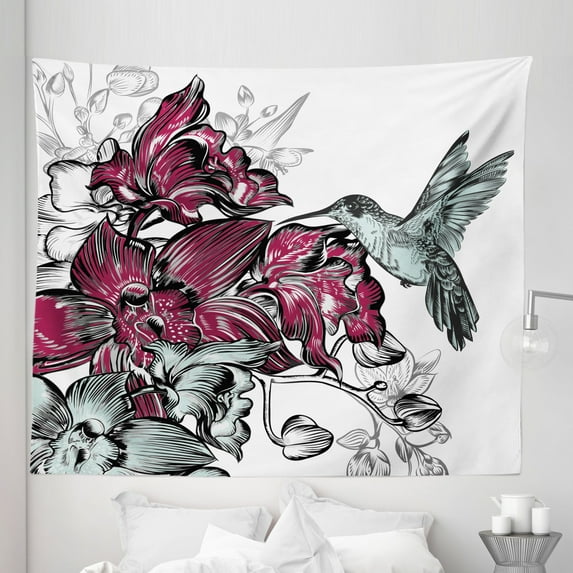 Nature Tapestry, Orchid Flowers Bouquet and a Hummingbird Nature Wildlife Design Print, Fabric Wall Hanging Decor for Bedroom Living Room Dorm, 5 Sizes, Burgundy, by Ambesonne