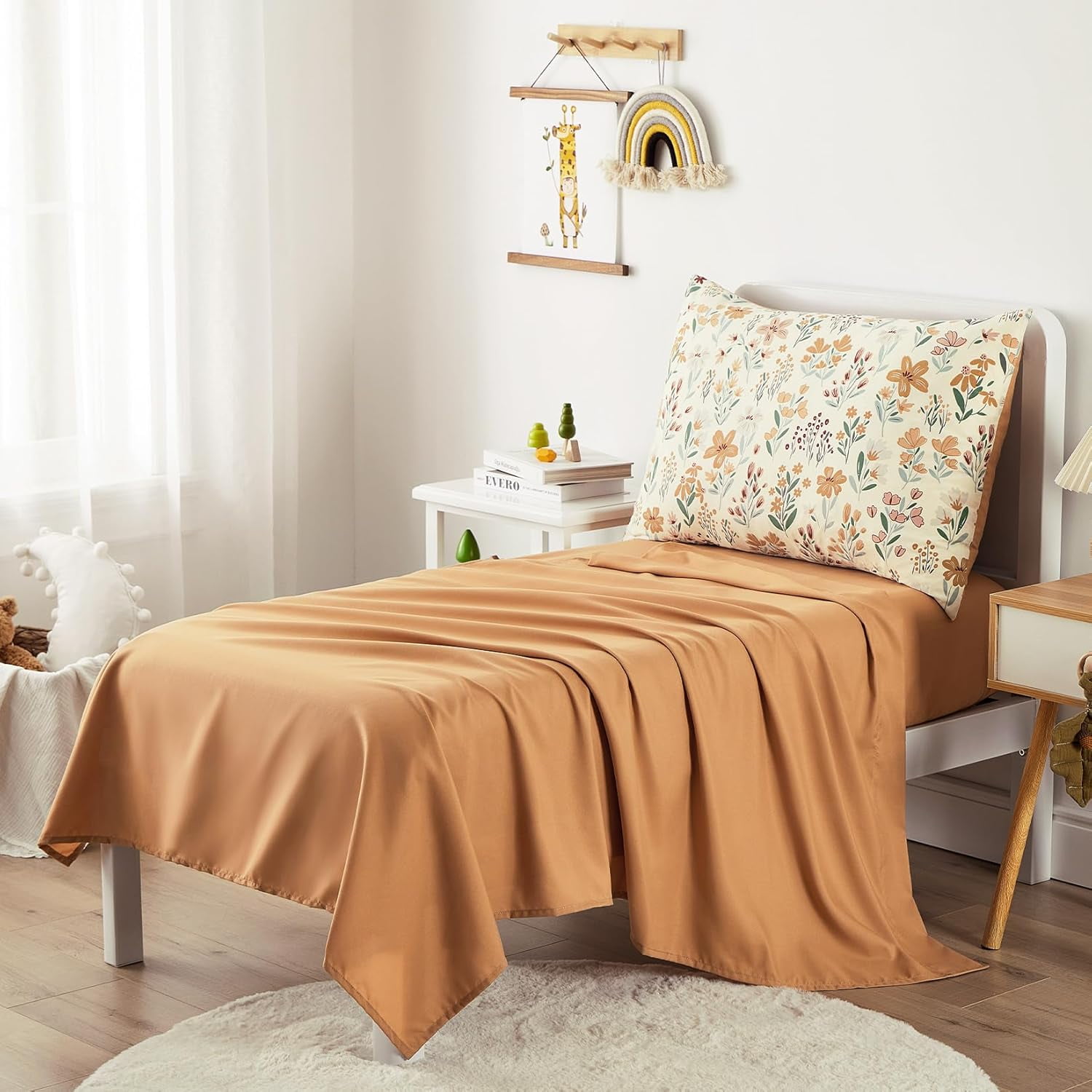 AllWays Plaza - Floral Toddler Bedding Set for Girls, Cute Colorful Botanical Flowers, 4 Pieces Soft Crib Bed Set Including Comforter, Sheets and Pillowcase, Orange Cream