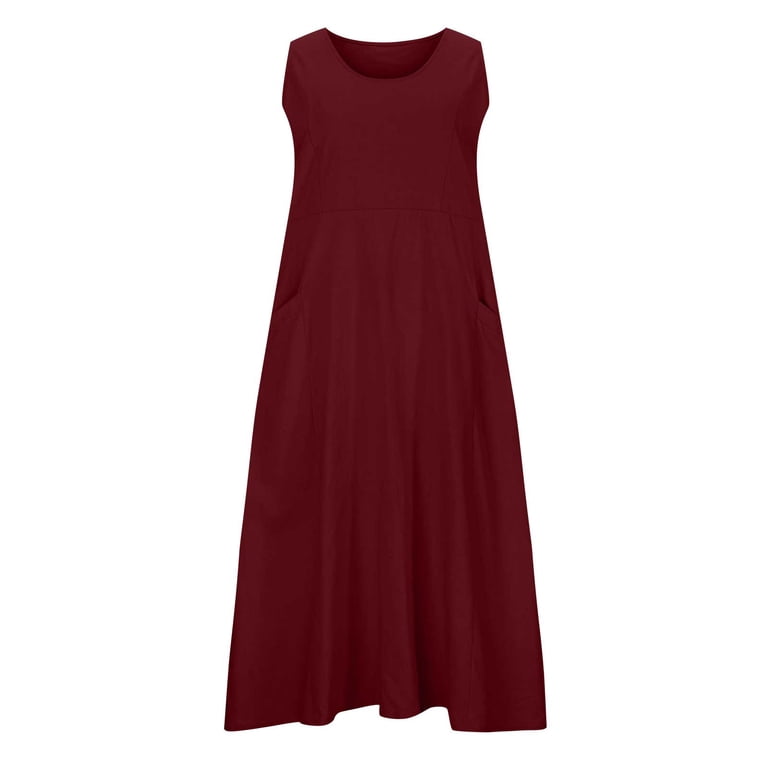 AherBiu Womens Tall Dress Sleeveless Cotton Linen Plus Size Dresses for Women Pullover A-line Baggy Hide Belly Long Dress, Women's, Size: 2XL, Red