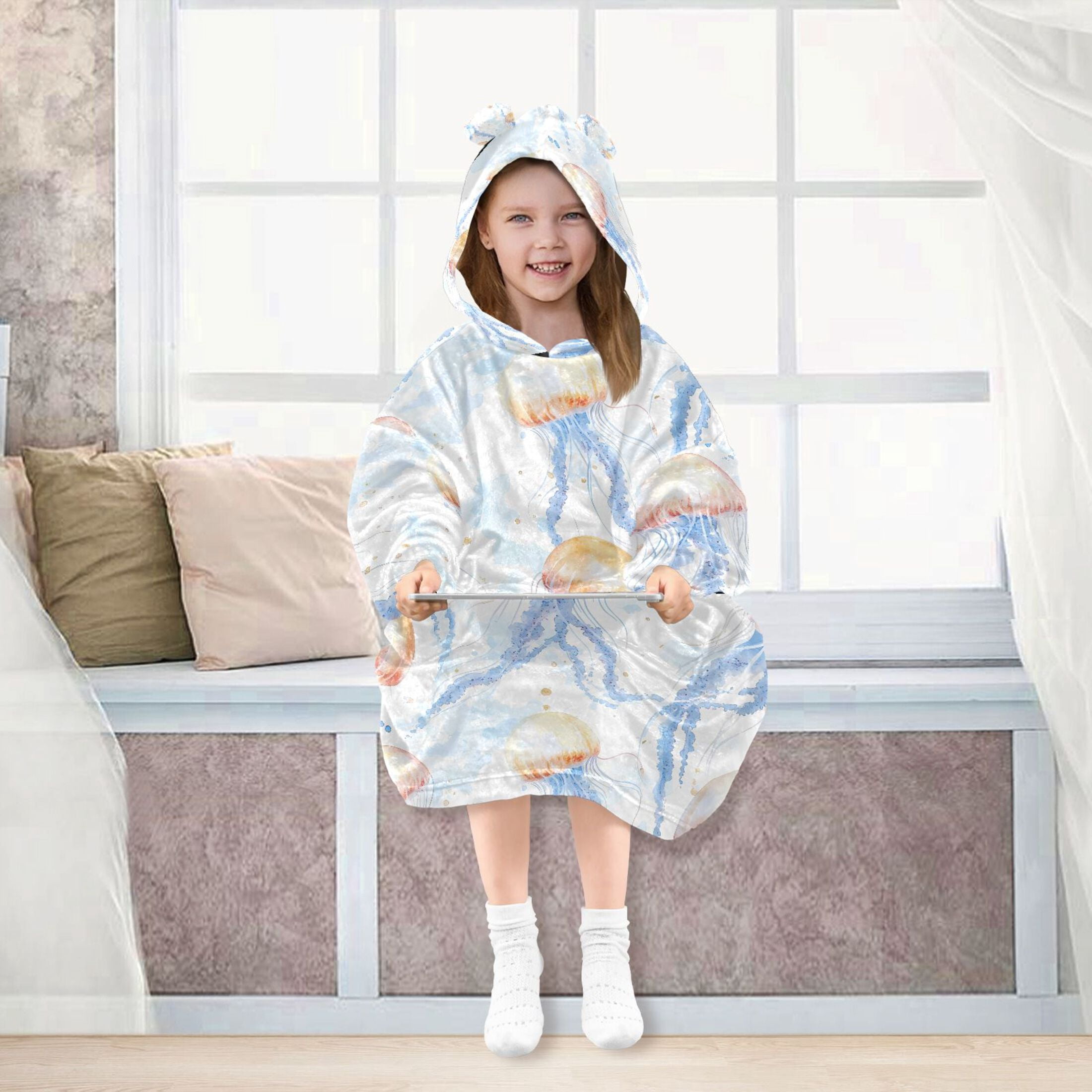 joogoo Blanket Hoodie for Watercolor Jellyfish Pattern Oversize Sweatshirt 3-14 YR L