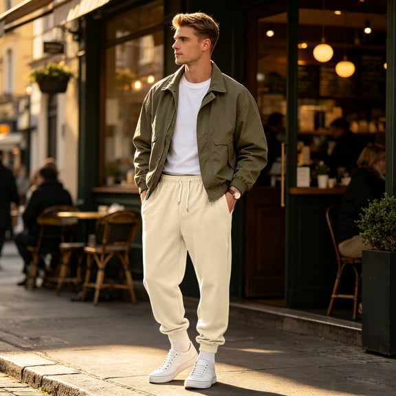 Mens Jogger Sweatpants Solid Color Loose Fit Casual Trousers Drawstring Elastic Waist Ribbed Cuffed Ankle Pants