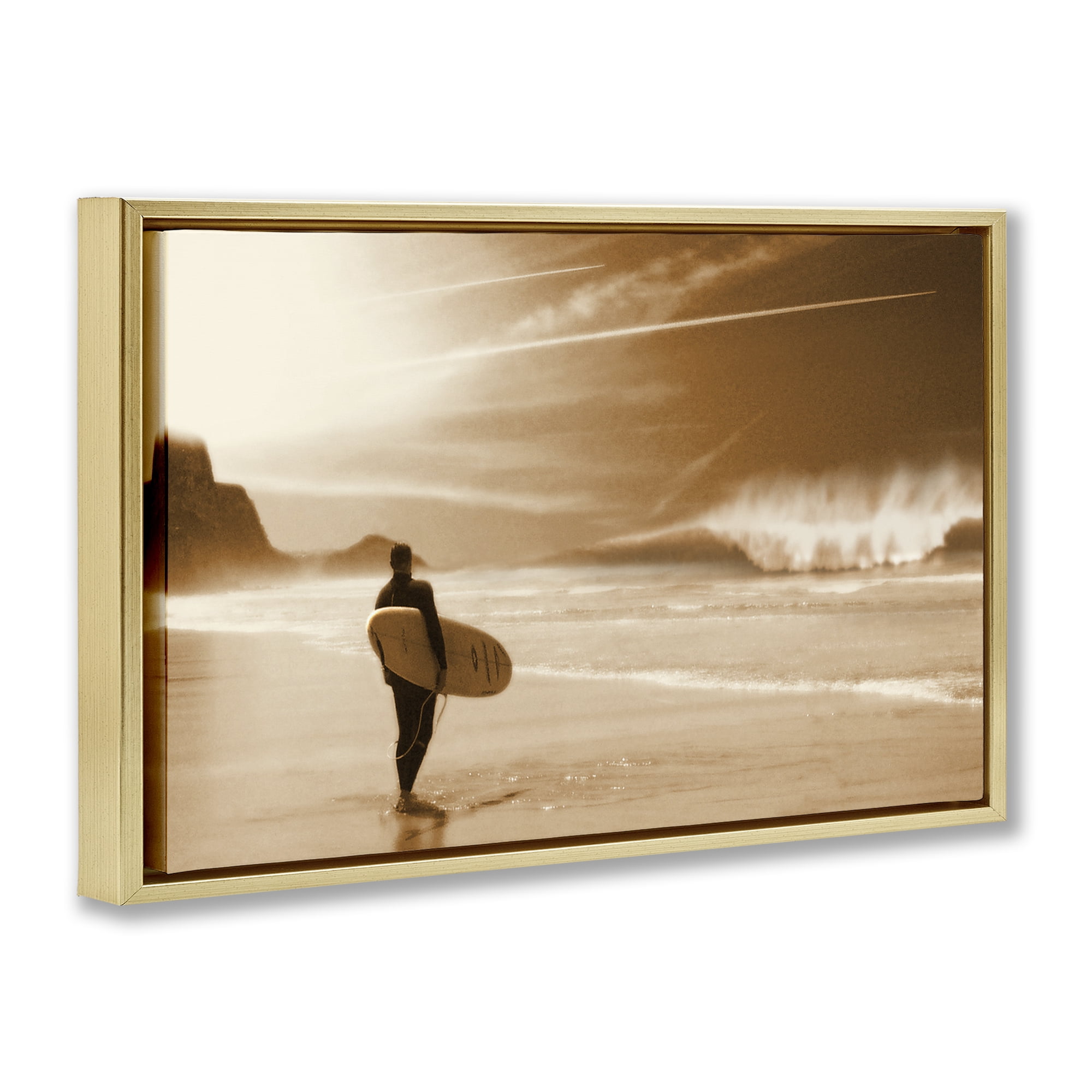 Stupell Industries Out Of The Sun Surfer Coastal Photography Gold Floater Framed Canvas Art Print Wall Art, 25 x 17