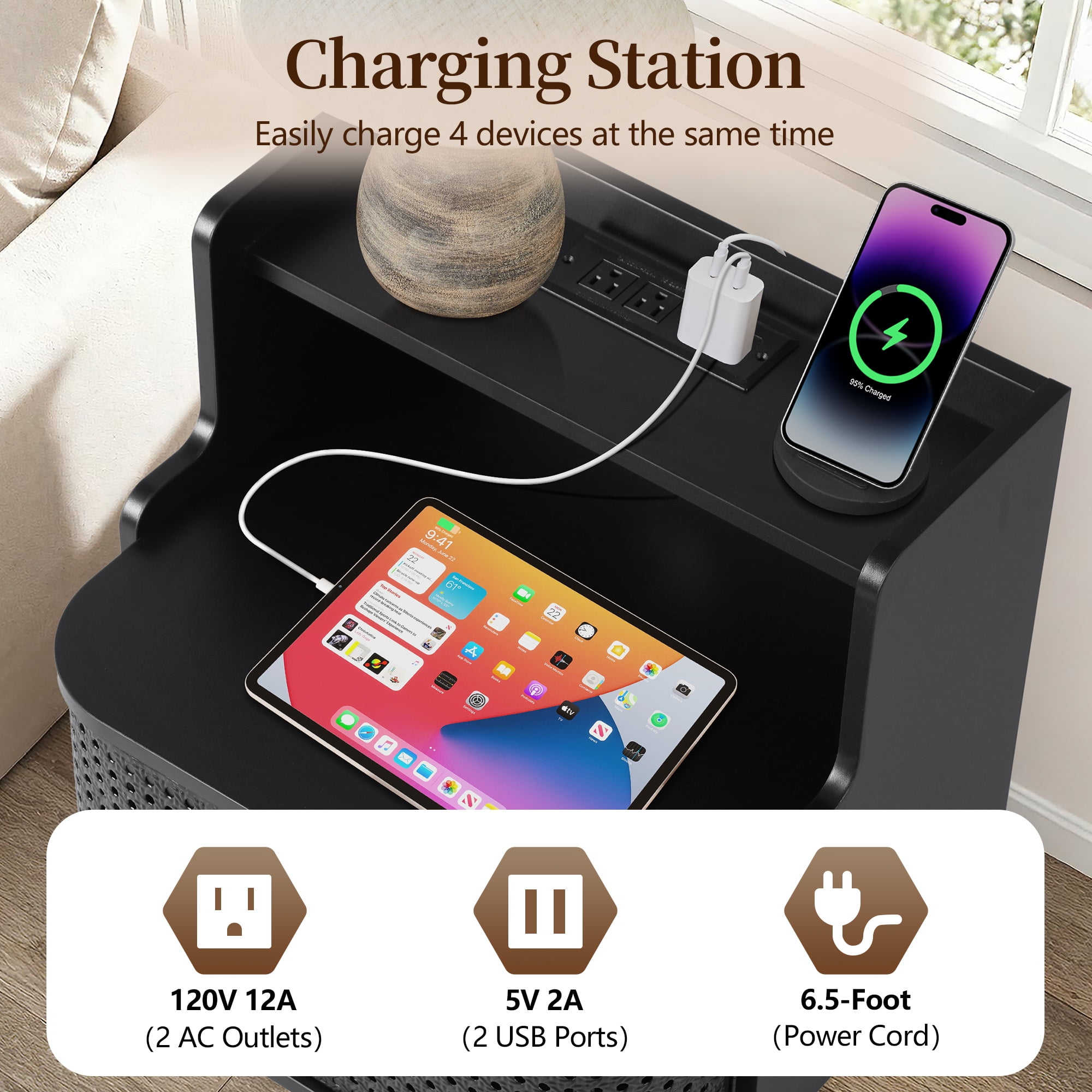 YOCWO Large Storage Nightstand Set of 2 with Charging Station Iron Rattern Pattern, Farmhouse Square End Table with 2 Door and Open Shelf for Bedroom Living Room, Black