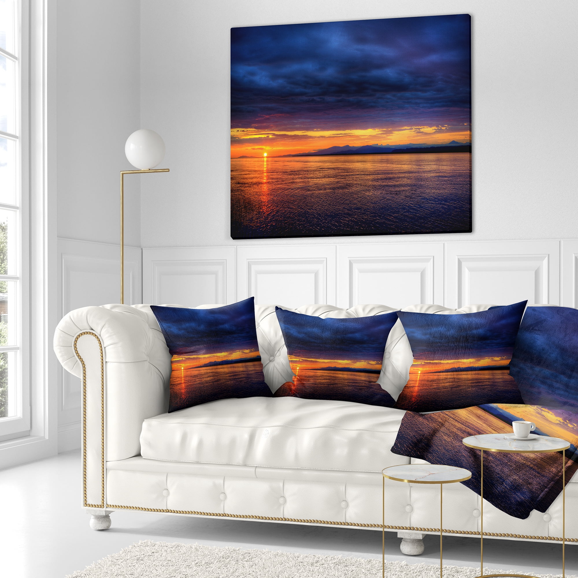 Designart Blue Cloudy Sky and Setting Sun - Seashore Photo Throw Pillow - 16x16