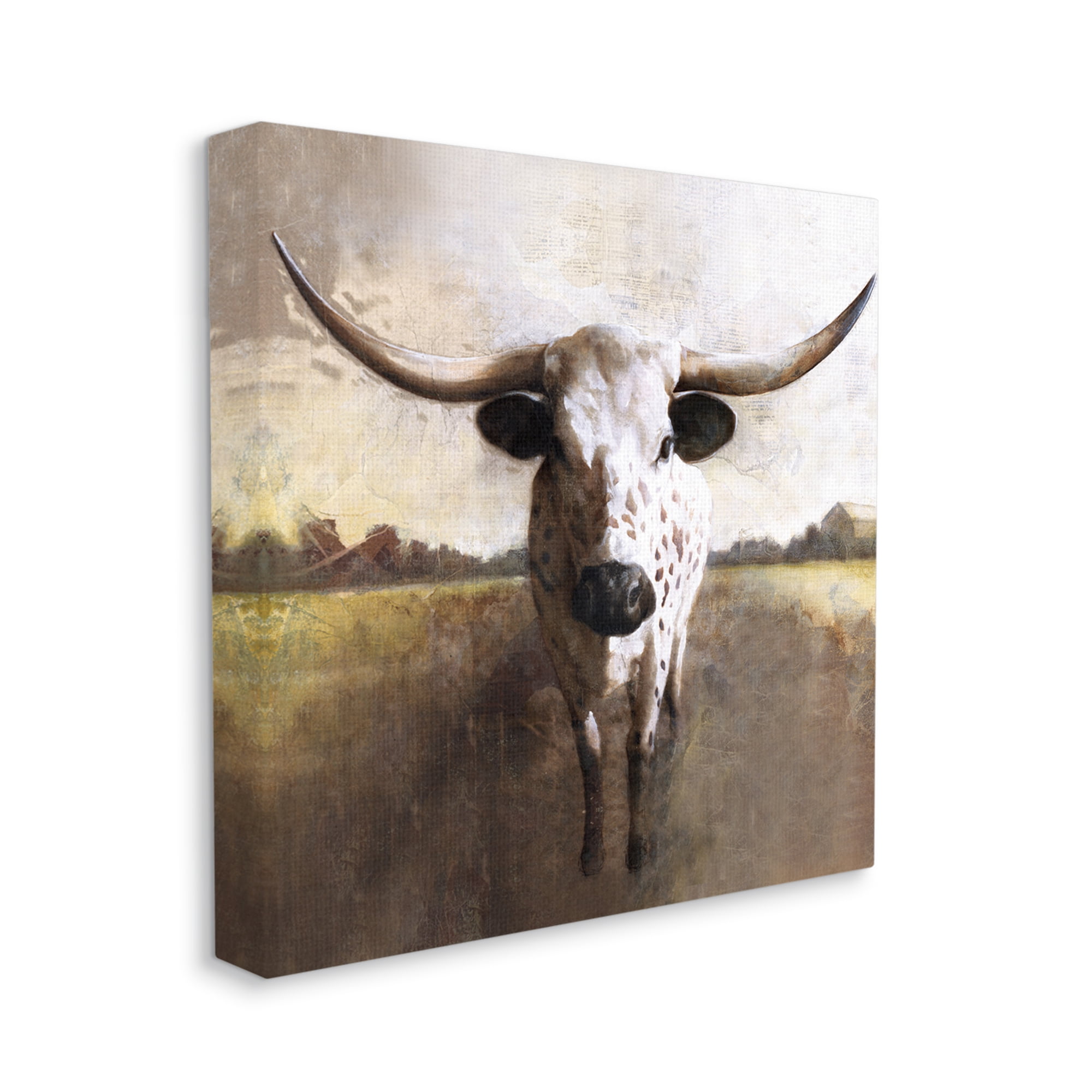 Striking Longhorn Cattle Warm Sunlight Farmland Grass Animals & Insects Painting Gallery-Wrapped Canvas Print Wall Art