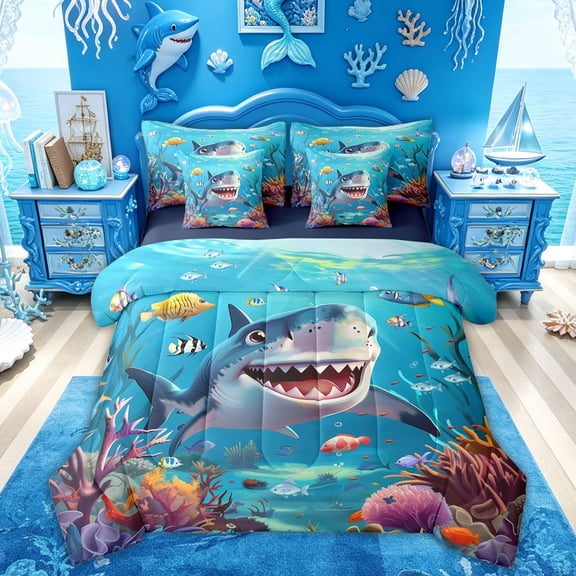 Feelyou Kawaii Cute Cartoon Shark Coral Sea Twin Bedding Sets for Girls Boys, Tropical Underwater Marine Bedding Comforter Set, Blue, Blue Reversible, 7 Pieces