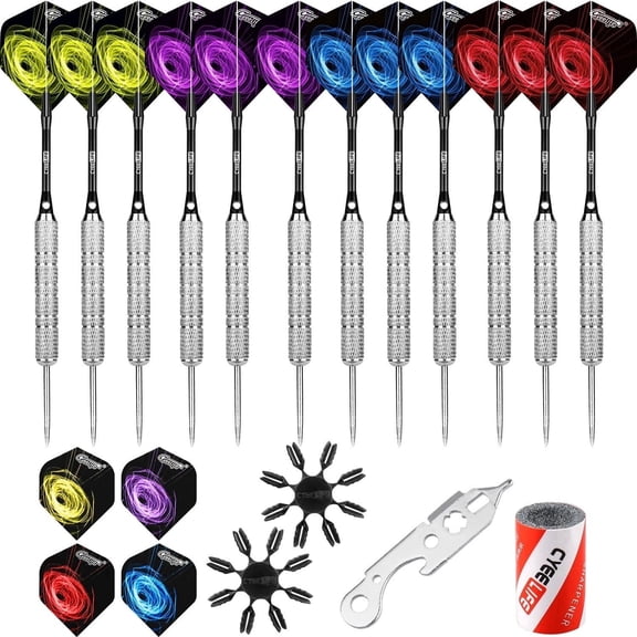 CyeeLife 12pcs Steel tip darts with aluminum shafts,Extra Flights,Sharpener,Tools