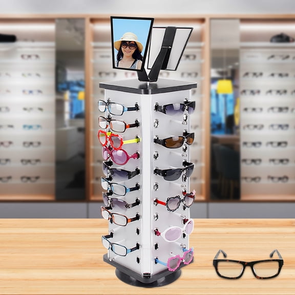 44 Pairs Sunglasses Organizer Holder Glasses Display Stand Sunglass Rack Holder W/ Mirror, 360° Rotating Hanging Hook Display Stands Carousel Holder for Home, Glasses Shop , Exhibition Display