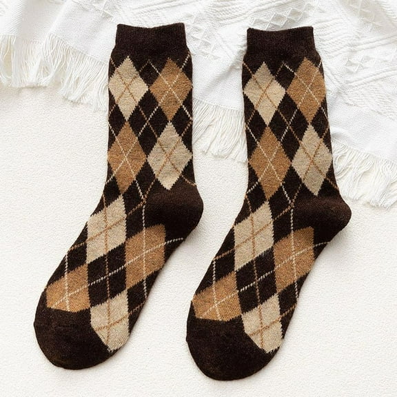 2 Pairs Coconut Brown Rhombus Pattern Wool Knitting Crew Socks 10mm Winter Thermal Socks for Men Women