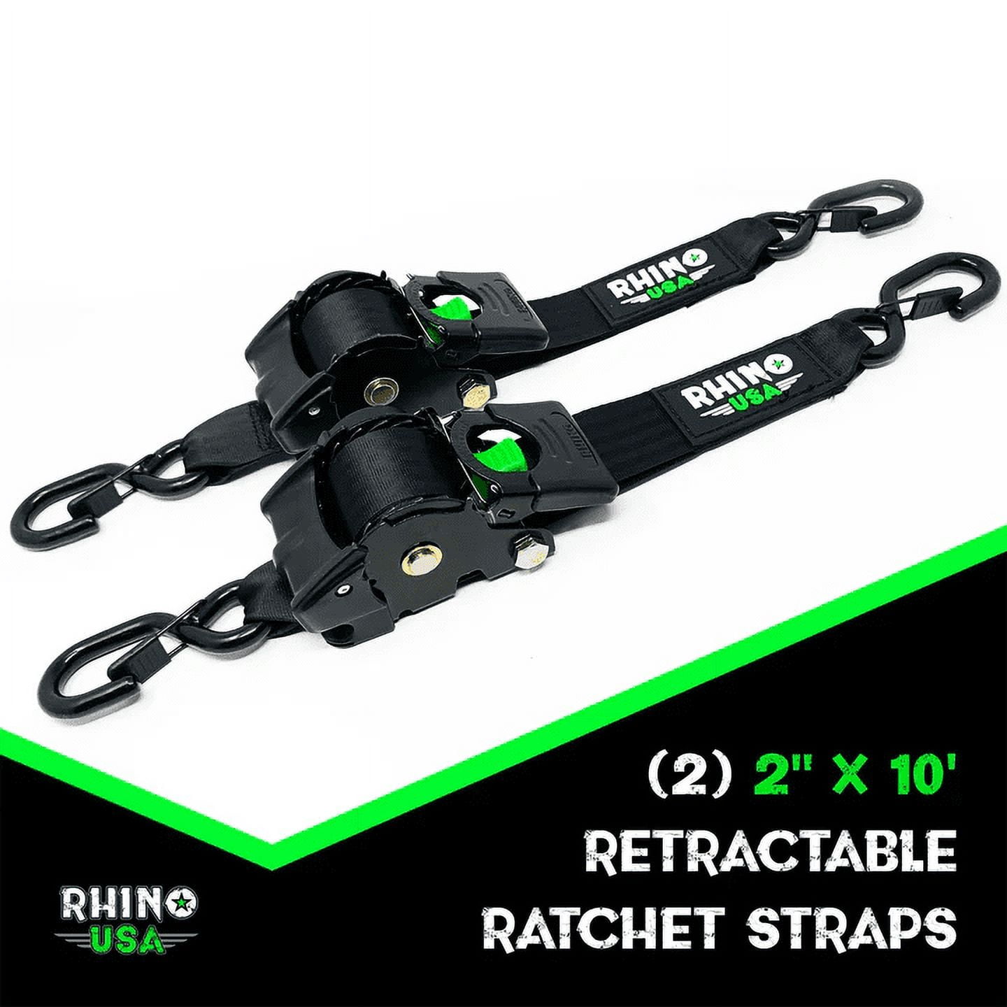 (2 pack) Rhino USA 2in x 10ft Retractable Ratchet Straps, 2 Pack, 1,000lbs Working Load Limit, 7.3lb Product Weight