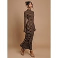 thumbnail image 6 of Dark Brown Polka Dot High Neck Flare Sleeve Maxi Dress For Women, 6 of 7