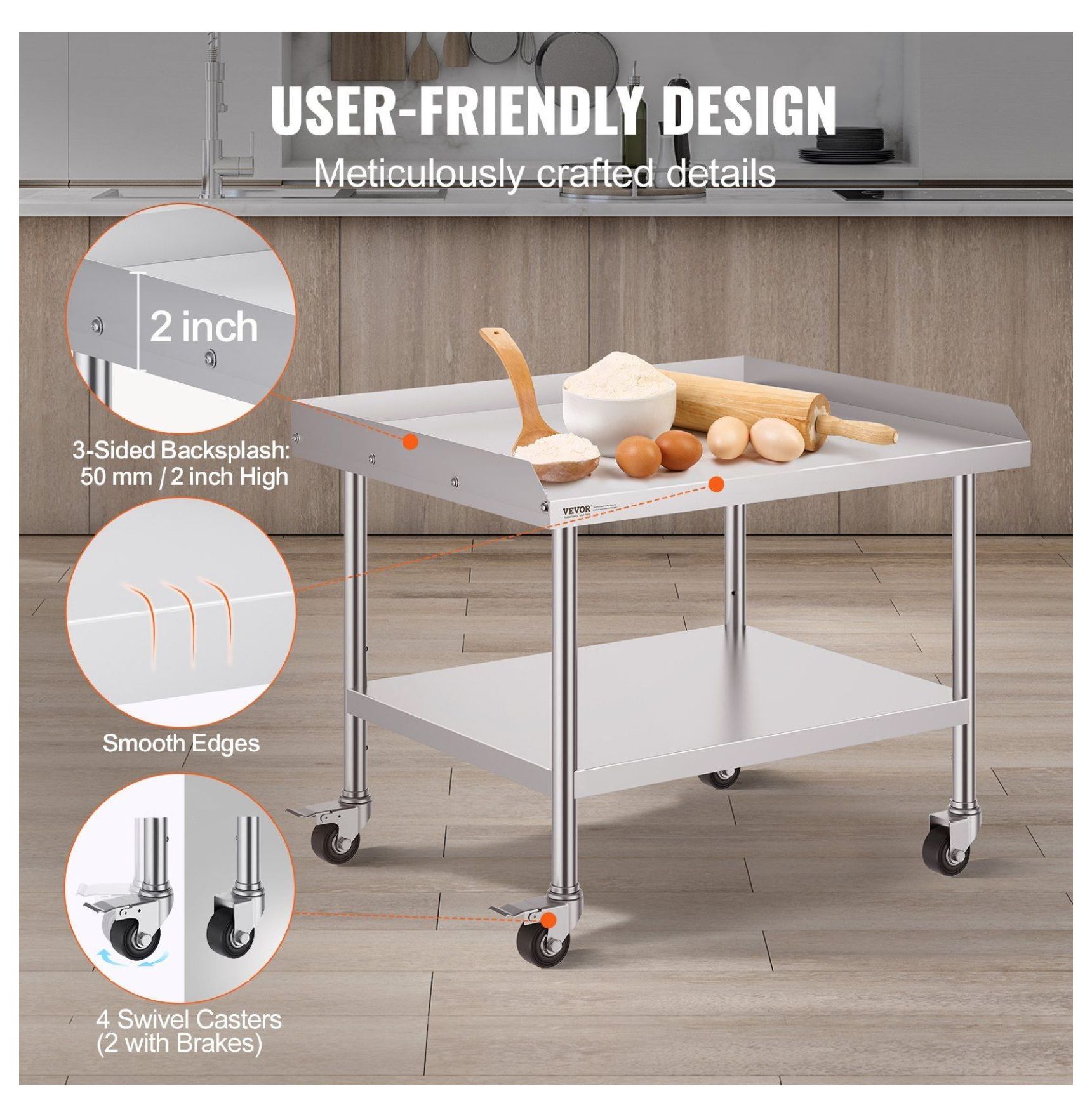 Stainless Steel Work Table 30x36x30in, 4-Wheel Prep Table with Backsplash - Heavy Duty Metal Worktable for Kitchen, Restaurant, Hotel