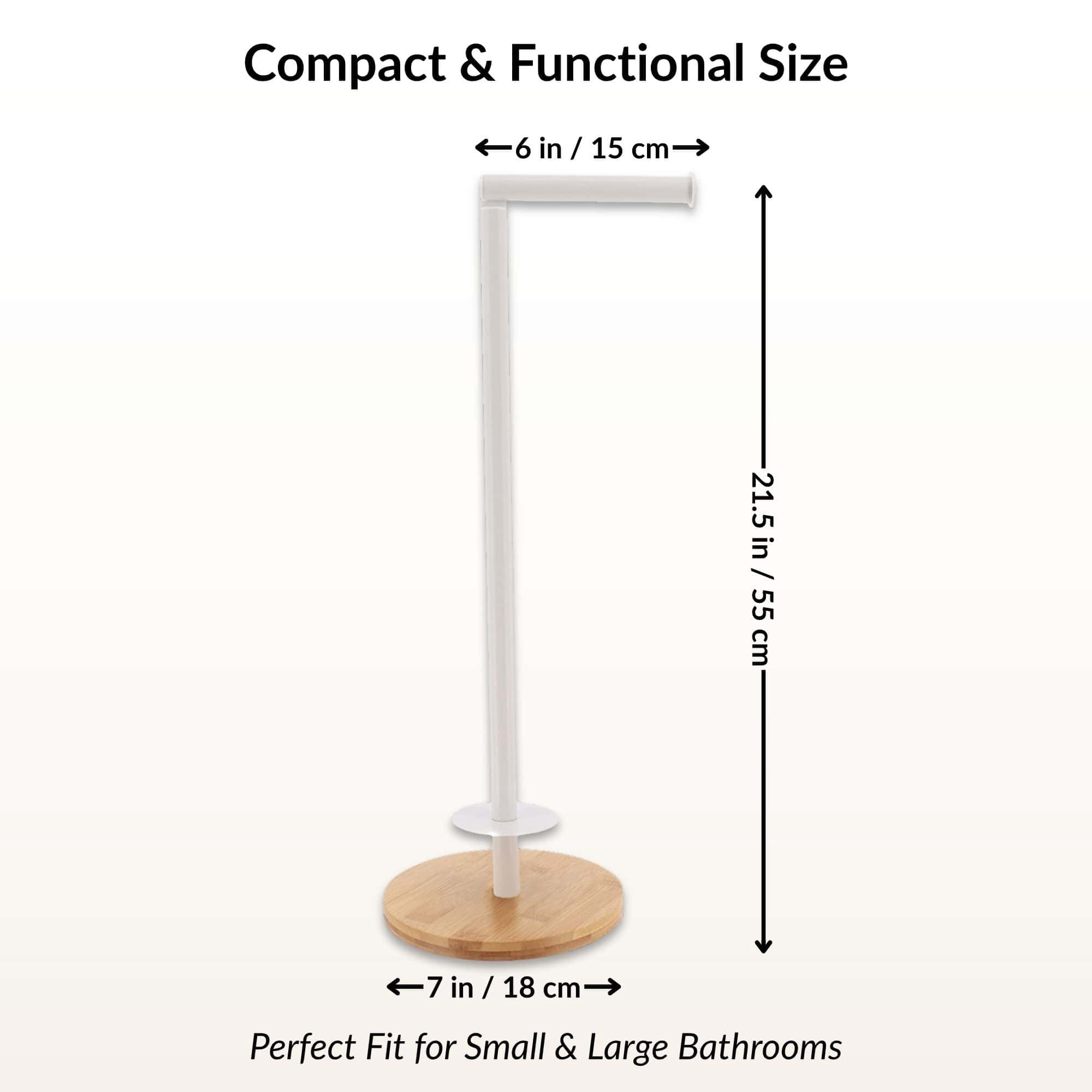 White Freestanding Toilet Paper Holder Stand with Bamboo Base