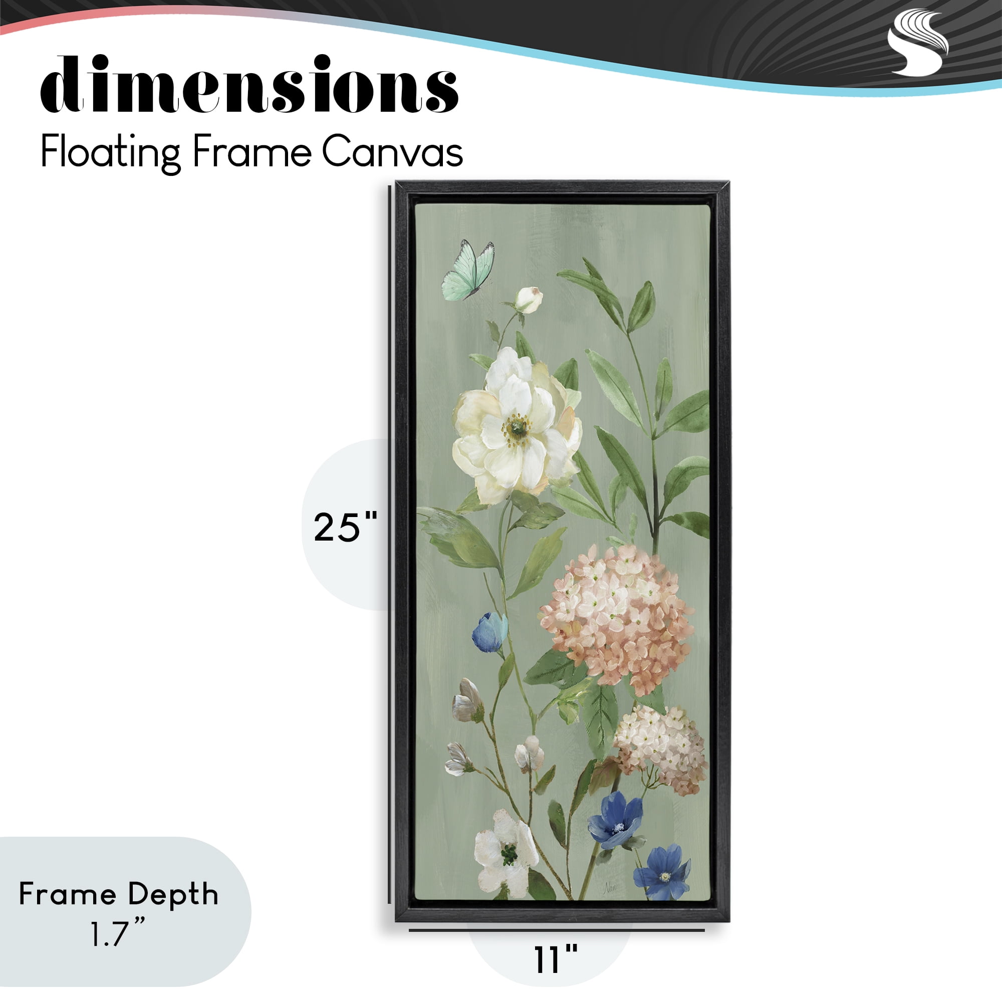 Stupell Industries Mint Floral Cluster & Butterfly Black Framed Floater Canvas Wall Art, design by Nan