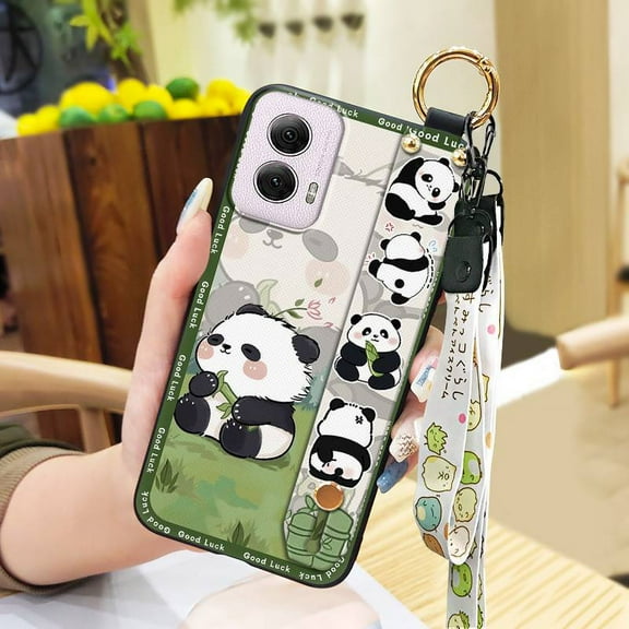 KBS-Phone Case For MOTO G Power 5G 2024, Anti-knock Wrist Strap Shockproof Cartoon Lanyard Durable Silicone Phone Holder Protective Dirt-resistant Wristband Cute Back Cover Panda Ring