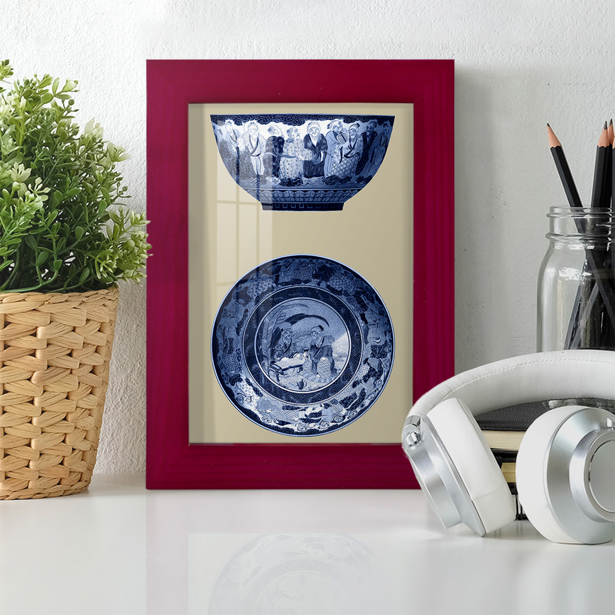 Porcelain in Blue and White II -Framed Print w/glass-Cherry Red