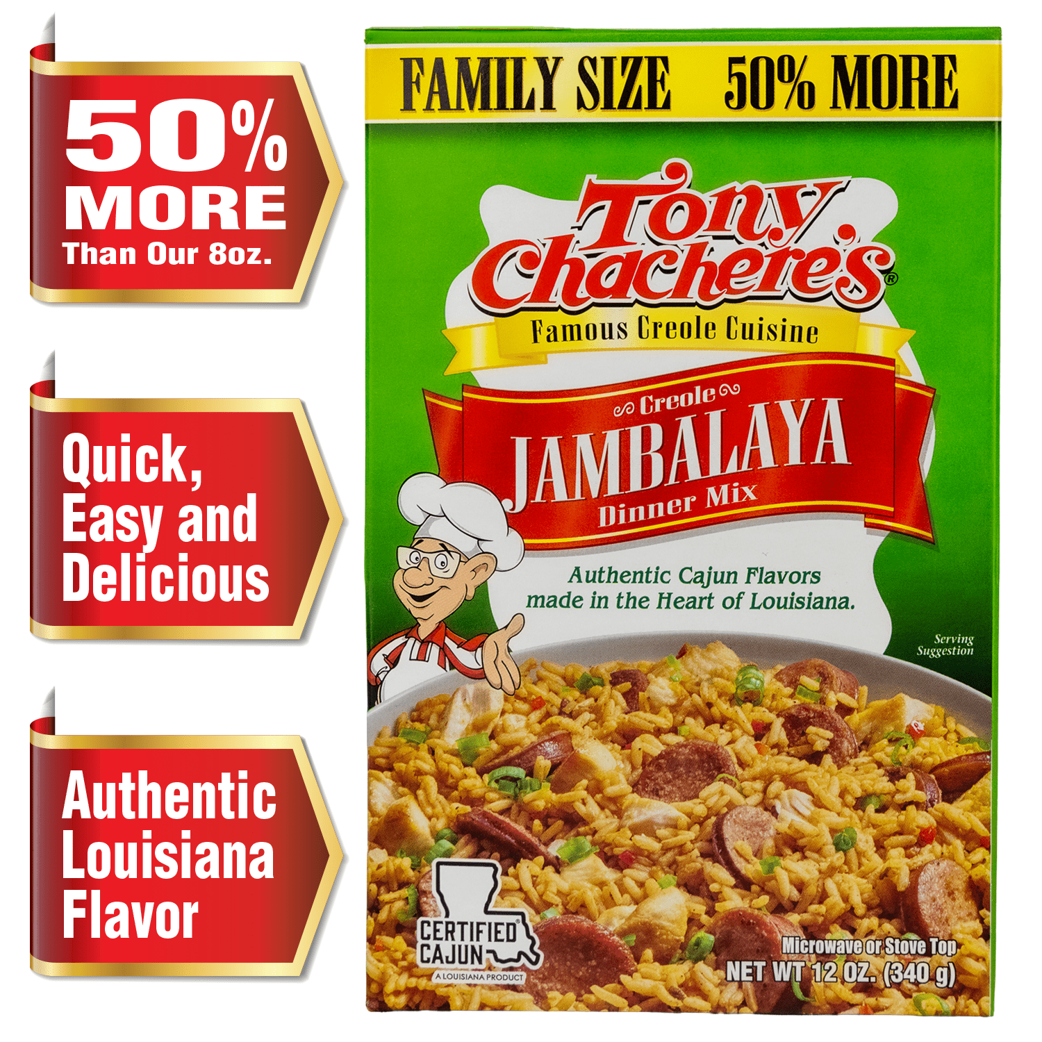 Tony Chachere's Cajun Jambalaya Family Size Rice Dinner Mix, 12 oz, Shelf Stable, No MSG, Nut-free
