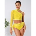thumbnail image 6 of TiaoBug Ballet Gymnastics Leotards for Women Sparkly One Shoulder Crop Top Feather Briefs Set for Latin Jazz Dance Yellow L, 6 of 7