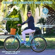 Lilypelle 24/26inch Beach Cruiser Bicycle for Women, 7 Speed Step Through Adult Commute Bike with Basket & Rack,Blue