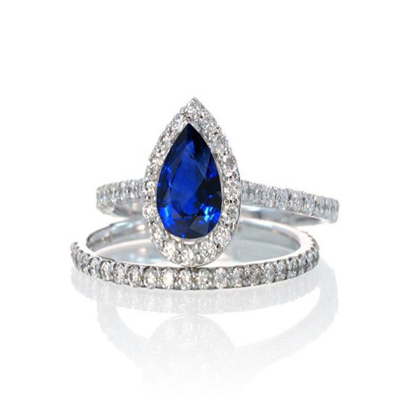 2 Carat Pear Cut Sapphire Halo Bridal Set For Woman On 10K White Gold