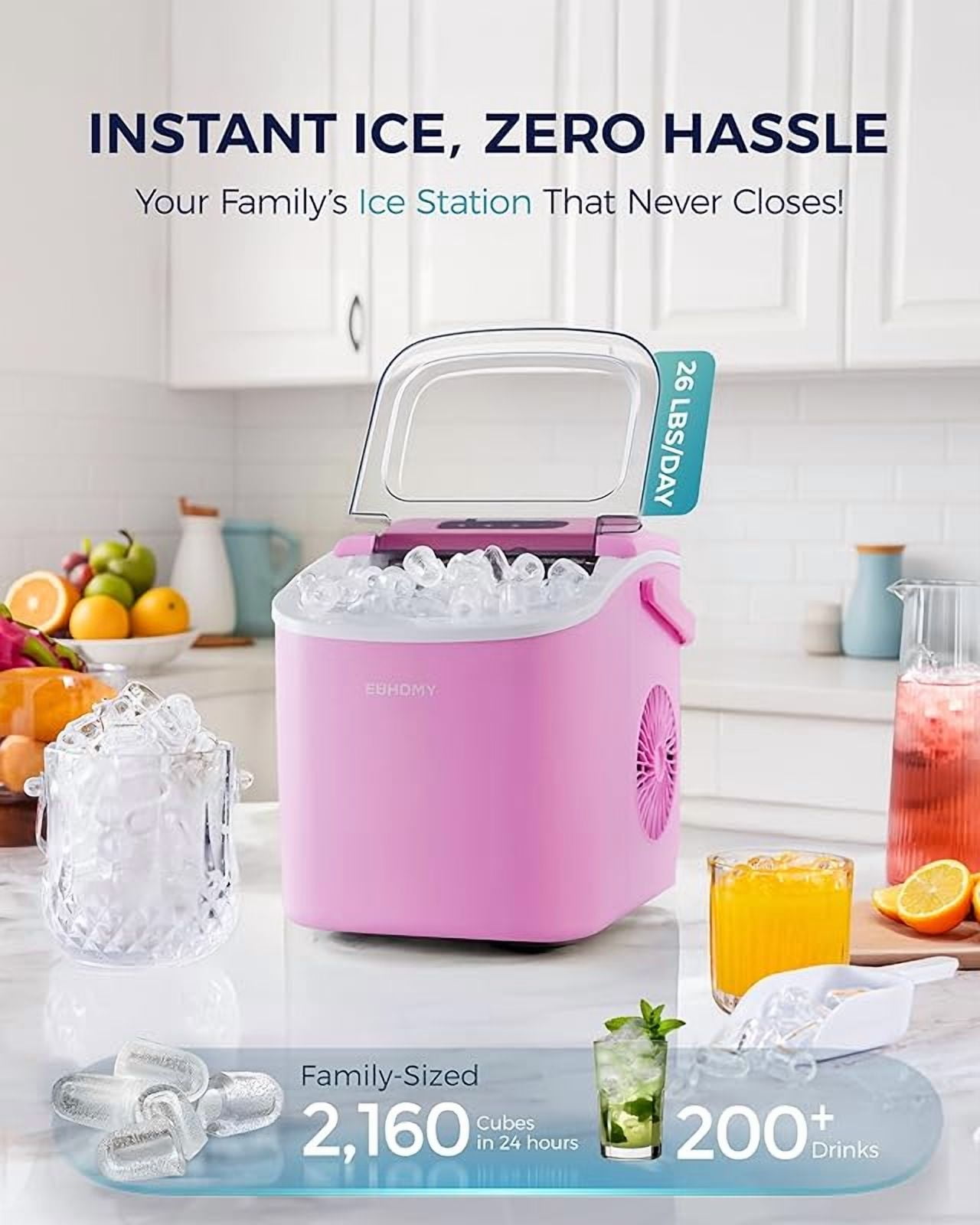 Countertop Ice Maker Machine with Handle, 26lbs in 24Hrs, 9 Ice Cubes Ready in 6 Mins, Auto-Cleaning Portable Ice Maker with Basket and Scoop, for Home/Kitchen/Camping/RV. (Pink)