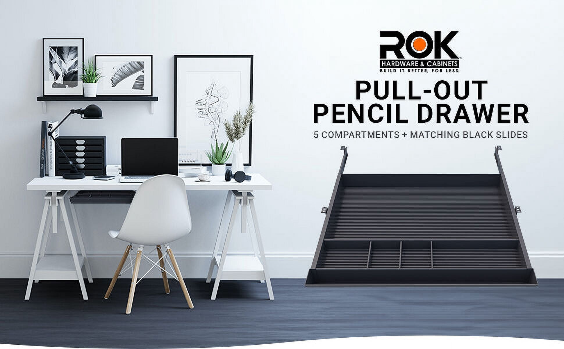 Rok Hardware Pull Out Undermount Pencil Drawer with 5 Compartments and Matching Black Ball Bearing Slides, Under Desk Pencil Drawer Organizer with Height Adjustable Bracket