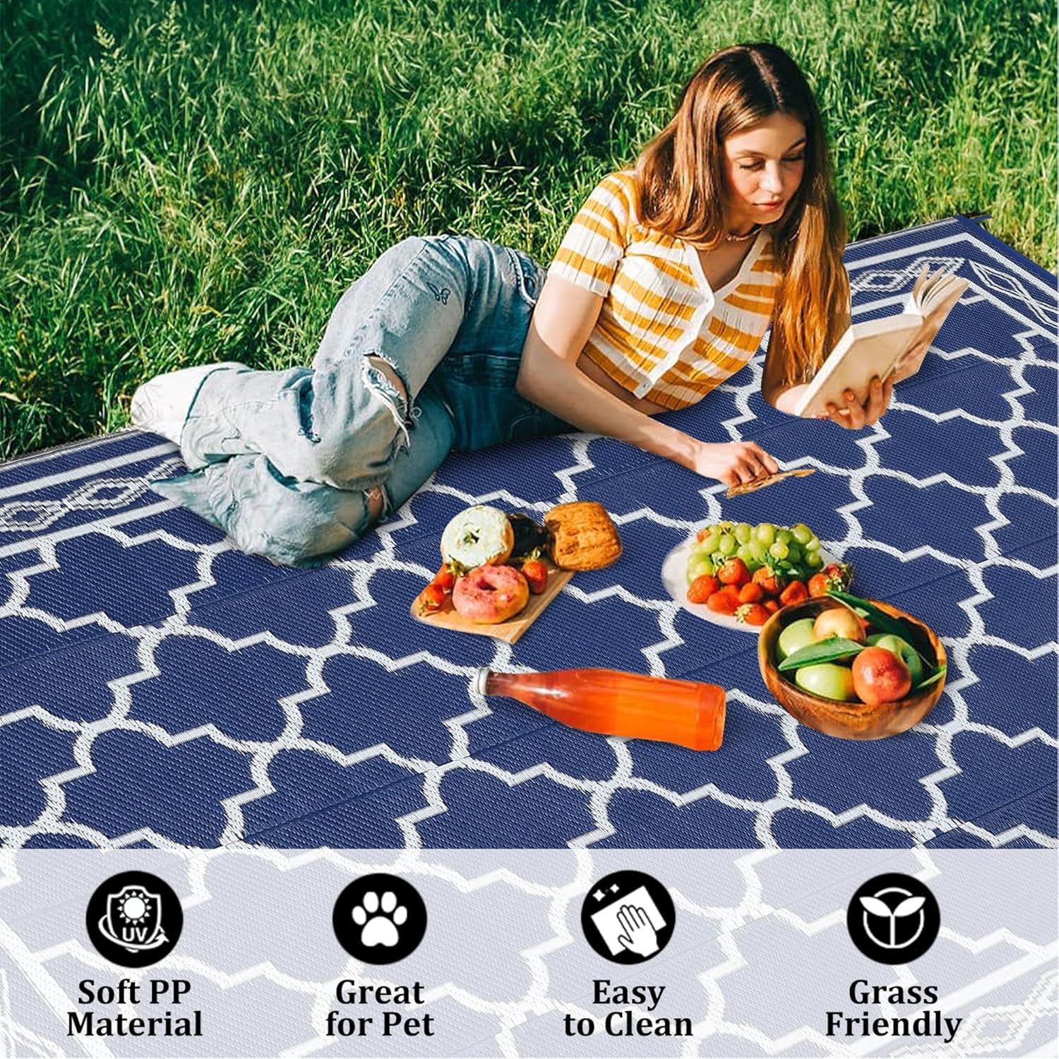 Memoryfield Waterproof Outdoor Rug 8x10ft for Patios, Plastic Straw Rug Outside Carpet Mats for Picnic, Backyard, Deck, Balcony, Porch, Beach, Dark Blue & White