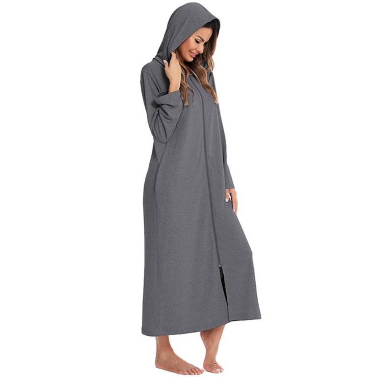 Women s Solid Color Nightgown Hooded Loungewear Long Sleeve Cotton Sleep Nightshirt Comfy Hoodie Pajama Dress S XXXL