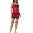 thumbnail image 2 of Conjuntos de pijama de satén para mujer INSPIRE CHIC con tirantes de encaje y pantalones cortos, 2 piezas, conjuntos de lounge de seda, XS, burdeos, 2 of 6