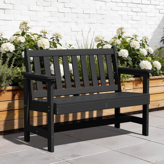 LOYALICE HDPE 48.8" 2-Person Weather-Resistant Park Bench for Outdoor Use, with Wide Armrests and Backrest, Suit for Garden, Porch and Park, Black