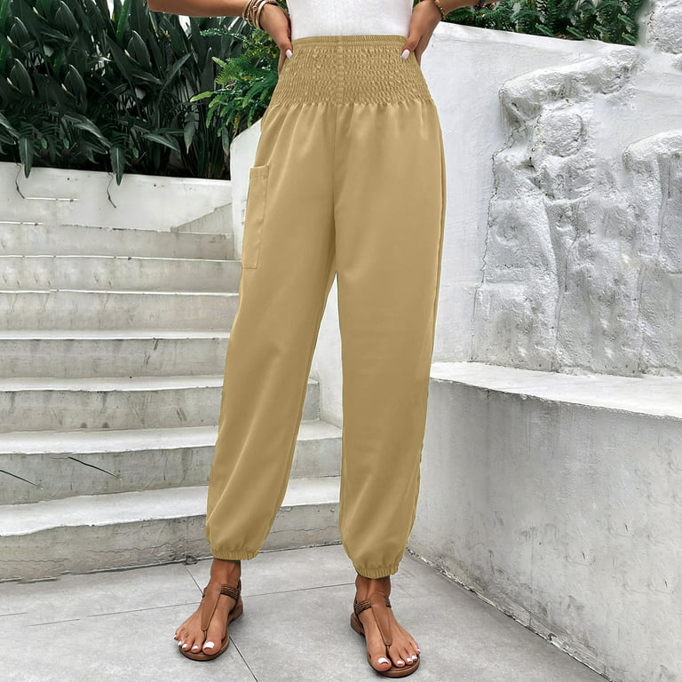 Jsezml Women's Smocked High Waisted Pants Plus Size Cinch Bottom Tapered  Pants Casual Pants Trousers for Summer Fashion