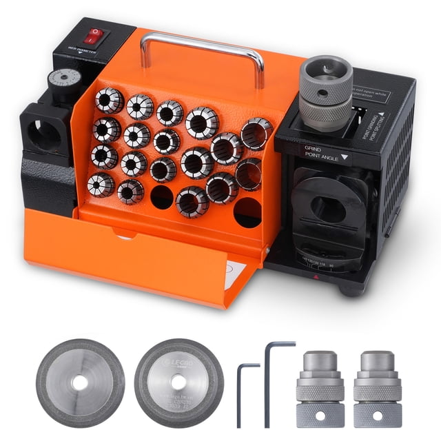 KFFKFF Drill Bit Refiner, 3-20mm End Mill Polishing Device, Lip Relief Angle & 95°-135° Point Angle Modifiable Drill Bit Reconditioner, Compact Refining Apparatus with 18 Collets, CBN & SDC Wheel