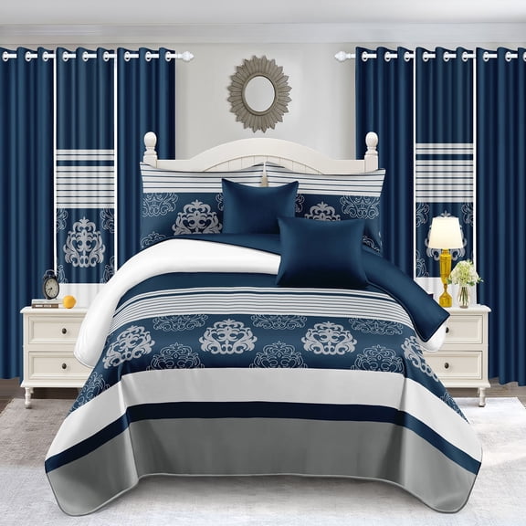 Navy & White Damask Bedding & Curtain Set, 9-Piece Quilted Bedspread & Drapes with Nickel Grommets, Scandinavian Inspired Bedroom Decor for Queen/King/Cal Kingļ¼Queenļ¼