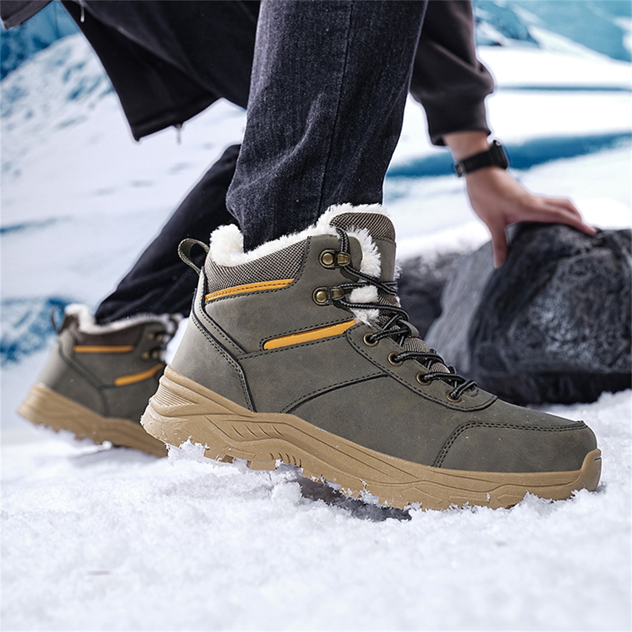 YOURDIARY Men's Ankle High Waterproof Hiking Boots Outdoor Snow Boots Trekking Trails Shoes Faux Fur Lining