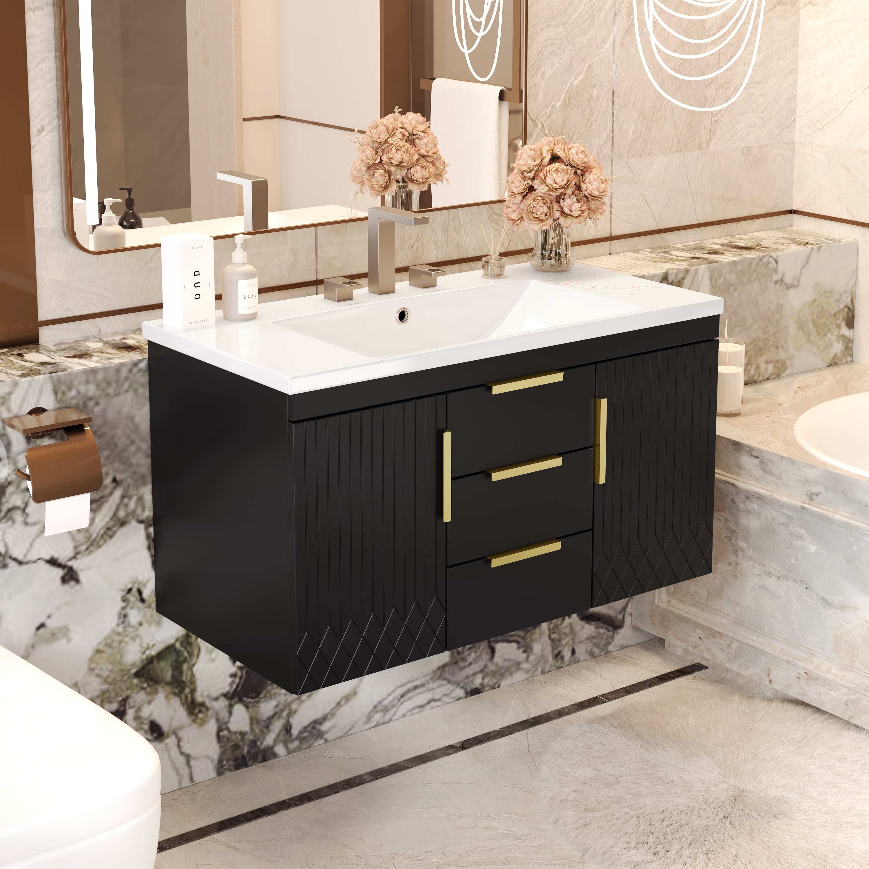 Euroco 36-Inch Wall-Mounted Bathroom Vanity with Resin Sink – Modern Floating Cabinet with Soft-Close Doors and High-Quality Construction