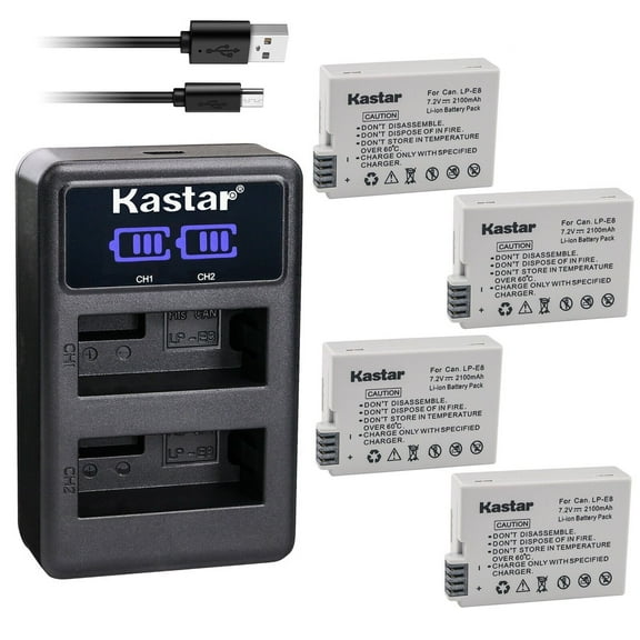 Kastar 4-Pack LP-E8 Battery and LED2 USB Charger Compatible with Canon LP-E8 LPE8 Battery, Canon LC-E8 LC-E8E Charger, Canon Camera Grip BG-E8
