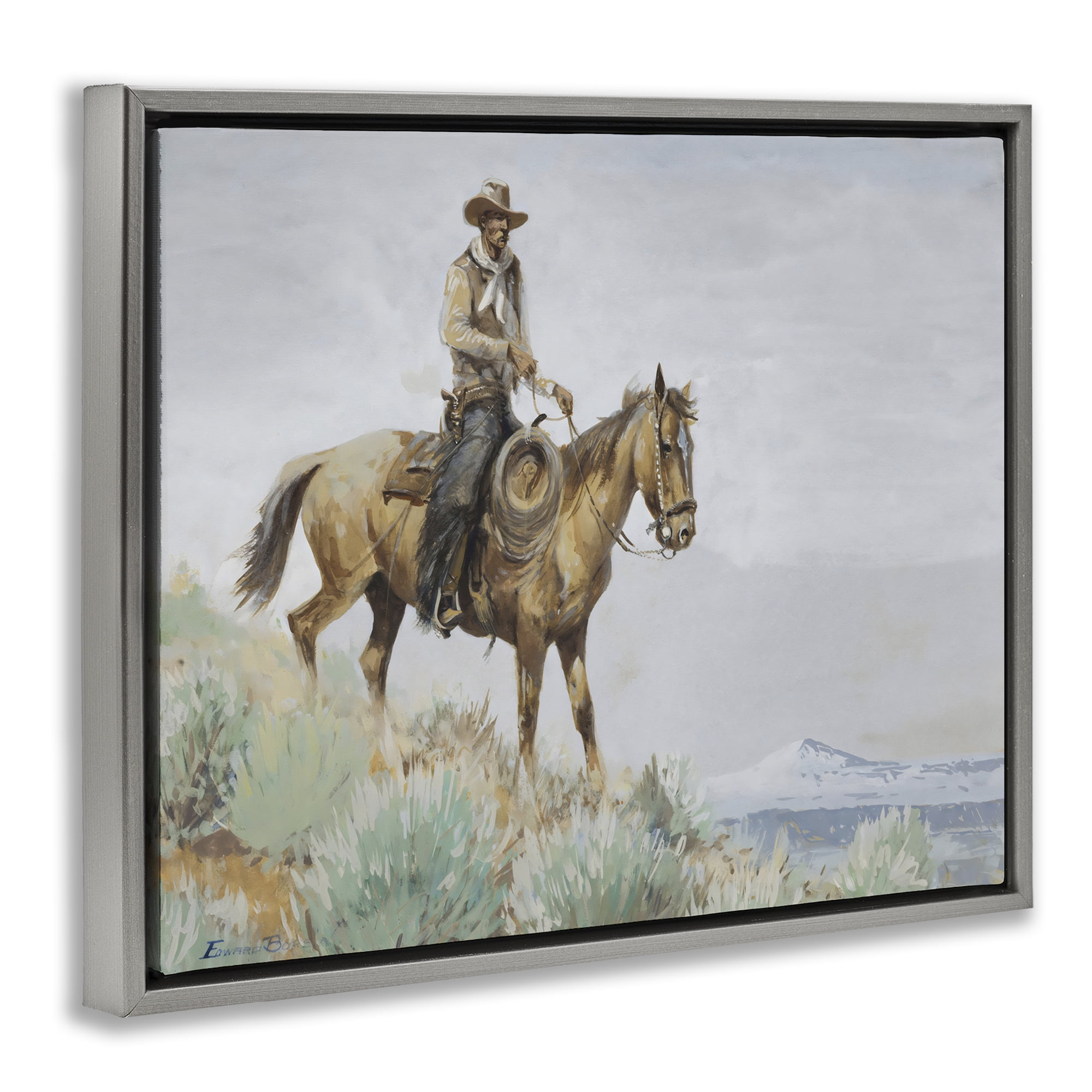 Stupell Industries Mounted Cowboy on Sagebrush Ridge Gray Framed Floater Canvas Wall Art, design by Arlington Prints