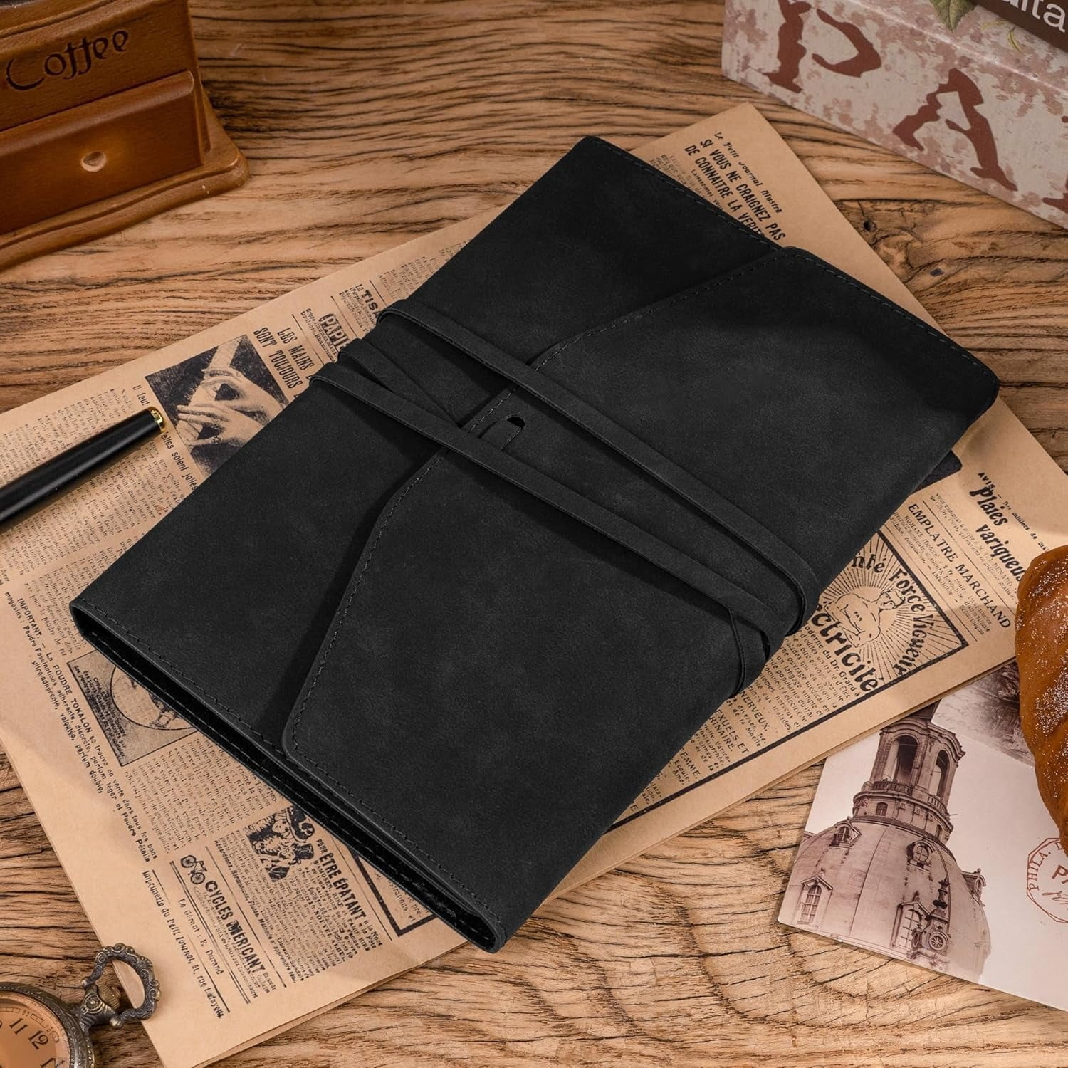 Vintage Journal for Women Men Leather Bound Junk Journal Notebook 160 Pages Book of Shadows Journals for Writing Diary Travel Sketching , 5.9x 8.6 in, Soft Cover, Black Black