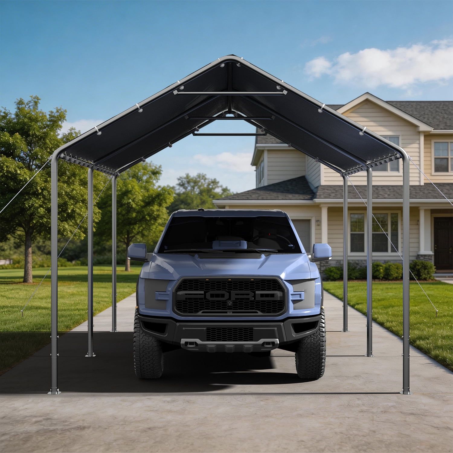 BaPiPro 10' x 15' Gray Gable Roof Carport Canopy, Heavy-Duty Galvanized Steel, Waterproof UV-Resistant PE Tent with Adjustable Height, 7-Level Wind Resistance for Car, Boat and Patio Storage