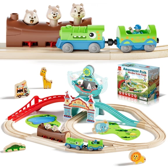 Train Set, Wooden Train Set for Kids, Train Toy for Girls Boys 2 3 4 5 Year, Train Set with Amusement Park Theme, Compatible with Other Brands