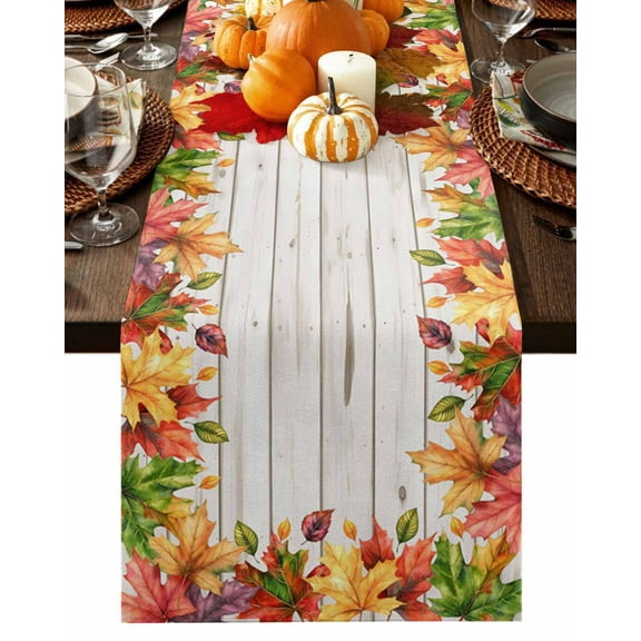 Table Runner Dresser Scarves 36 Inch Long,Autumn Maple Leaf on Farm Wood Board Linen Dining Table Runners Thanksgiving Leaves Plant Tabletop Scarf for Wedding Holiday Party Kitchen