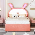 thumbnail image 4 of DreamBuck Full Size Upholstered Platform Bed with 3 Drawers and Trundle, Wood Bed Frame with Rabbit-Shaped Headboard, Kids Bed with LED Lights, Full Bed Frame for Girls, No Box Spring Needed, Pink, 4 of 9
